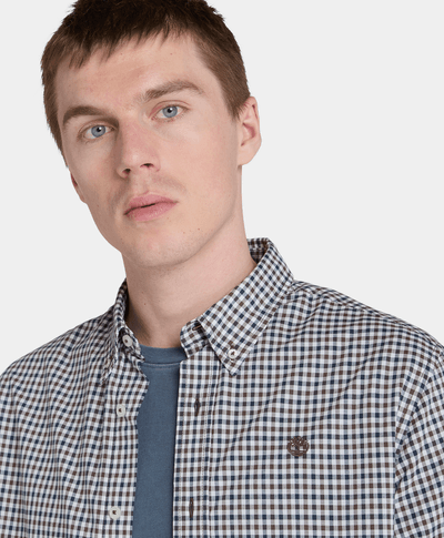 Camisa De Popelina Elastica Estilo Gingham Regular Fit Para Hombre, Café