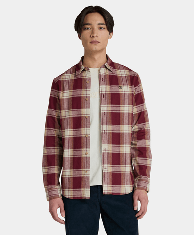 Camisa De Franela A Cuadros Con Tejido Espiga Regular Fit Para Hombre, Vino