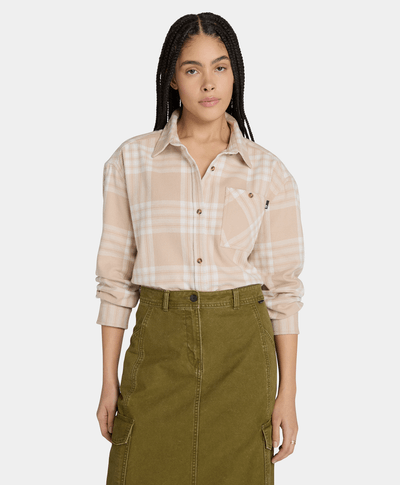 Camisa De Franela Relaxed Fit Con Bolsillo Fit Para Mujer, Beige