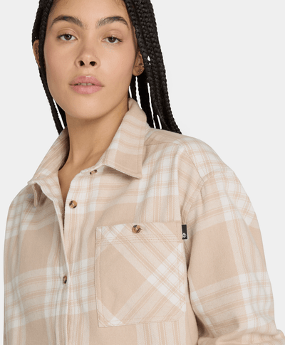 Camisa De Franela Relaxed Fit Con Bolsillo Fit Para Mujer, Beige