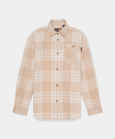 Camisa De Franela Relaxed Fit Con Bolsillo Fit Para Mujer, Beige