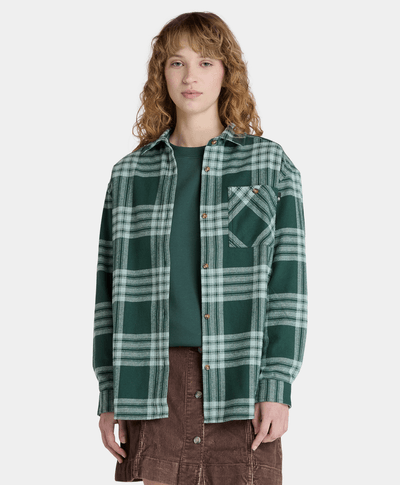 Camisa De Franela Relaxed Fit Con Bolsillo Fit Para Mujer, Verde