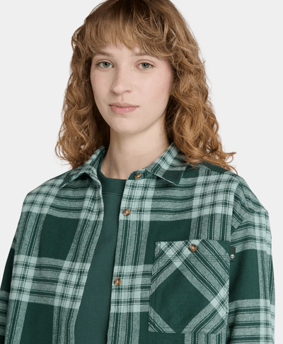 Camisa De Franela Relaxed Fit Con Bolsillo Fit Para Mujer, Verde