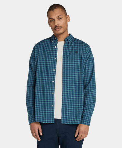Camisa De Popelina Elastica Estilo Gingham Regular Fit Para Hombre, Azul