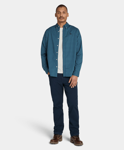 Camisa De Popelina Elastica Estilo Gingham Regular Fit Para Hombre, Azul