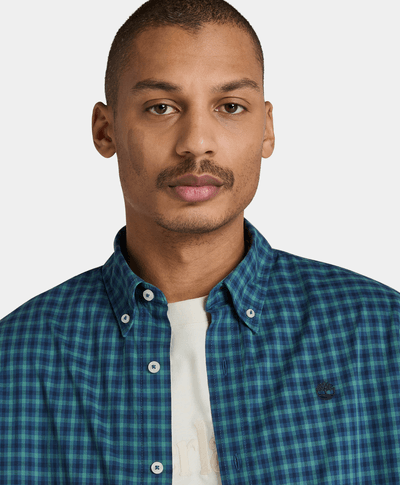 Camisa De Popelina Elastica Estilo Gingham Regular Fit Para Hombre, Azul