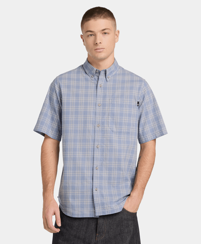 Camisa de manga corta de popelín a cuadros para Hombre, Azul
