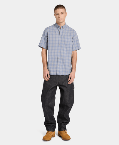 Camisa de manga corta de popelín a cuadros para Hombre, Azul