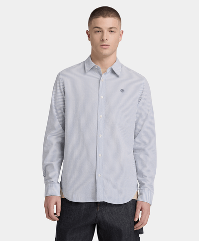 Camisa de Manga Larga a Rayas Seersucker para Hombre, Azul