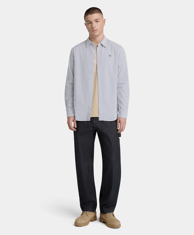 Camisa de Manga Larga a Rayas Seersucker para Hombre, Azul