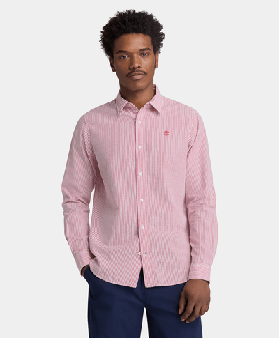 Camisa de Manga Larga a Rayas Seersucker para Hombre, Rojo