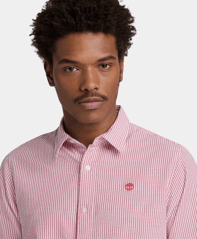 Camisa de Manga Larga a Rayas Seersucker para Hombre, Rojo