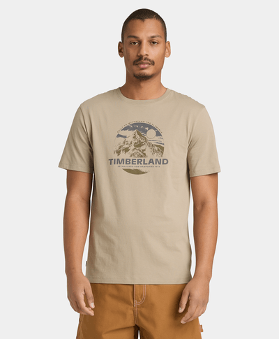 Camiseta de Manga Corta con Estampado de Montaña para Hombre, Beige