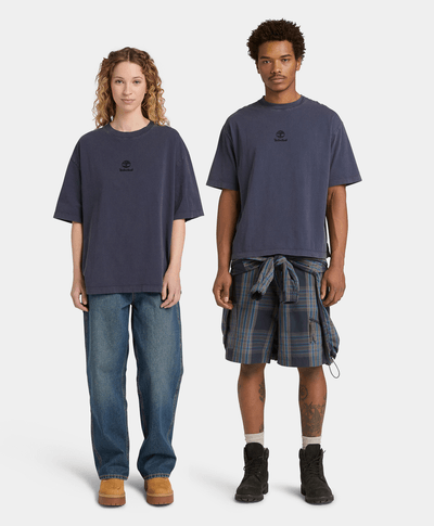 Playera con logotipo bordado y efecto desgastado Unisex, Azul