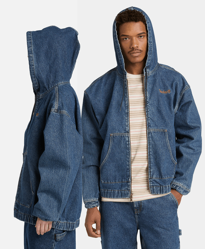 Chamarra Bomber de Mezclilla con Capucha y Cierre Completo, Azul