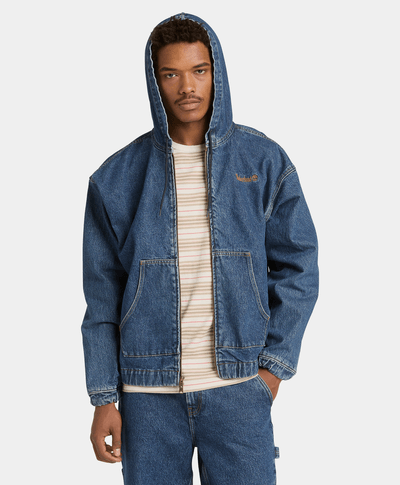 Chamarra Bomber de Mezclilla con Capucha y Cierre Completo, Azul