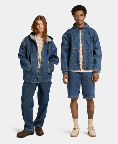 Chamarra Bomber de Mezclilla con Capucha y Cierre Completo, Azul
