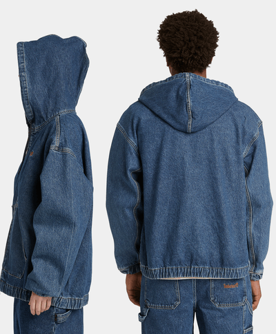 Chamarra Bomber de Mezclilla con Capucha y Cierre Completo, Azul