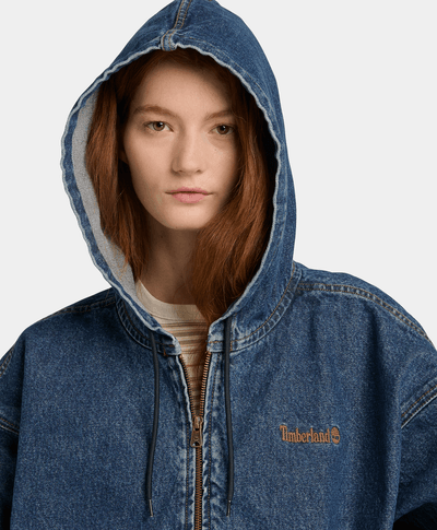 Chamarra Bomber de Mezclilla con Capucha y Cierre Completo, Azul