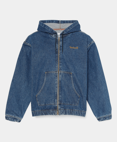 Chamarra Bomber de Mezclilla con Capucha y Cierre Completo, Azul