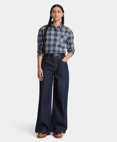 Camisa de manga larga de franela de peso medio para mujer, Azul