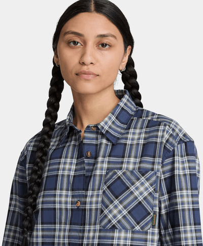 Camisa de manga larga de franela de peso medio para mujer, Azul