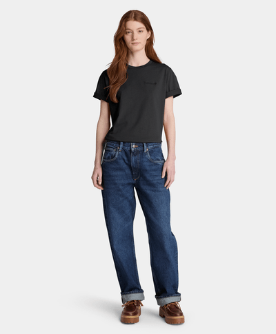 Playera de manga corta con logotipo bordado para mujer, Negro